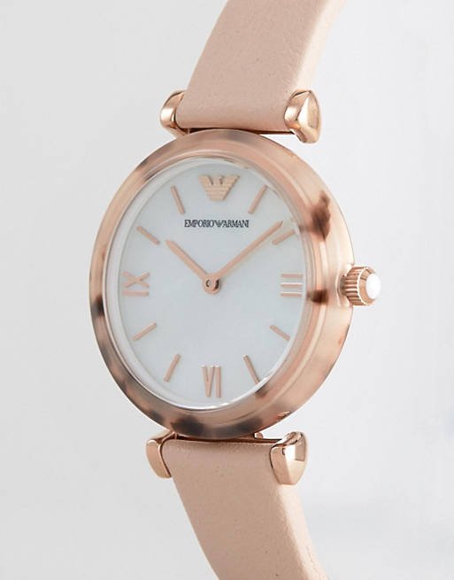 Emporio Armani Gianni watch front view with rose gold crown and leather band