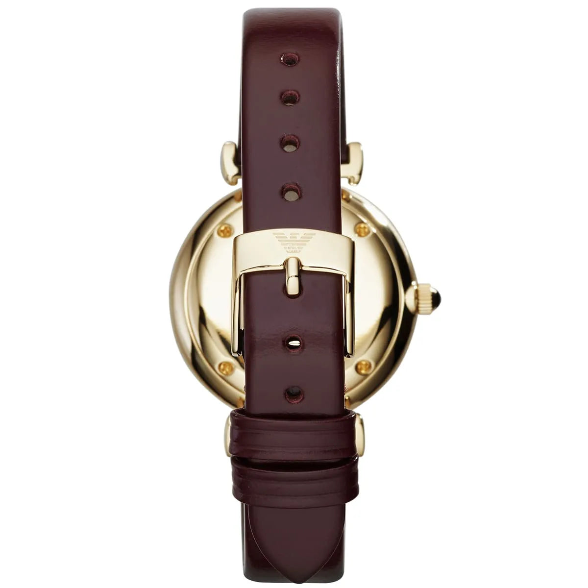 Caseback view of Emporio Armani Gianni AR1757 showing gold-tone case with T-bar lugs