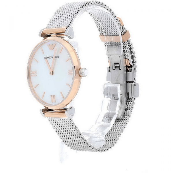 Side angle view of AR2067 watch showing rose gold case and stainless steel mesh bracelet