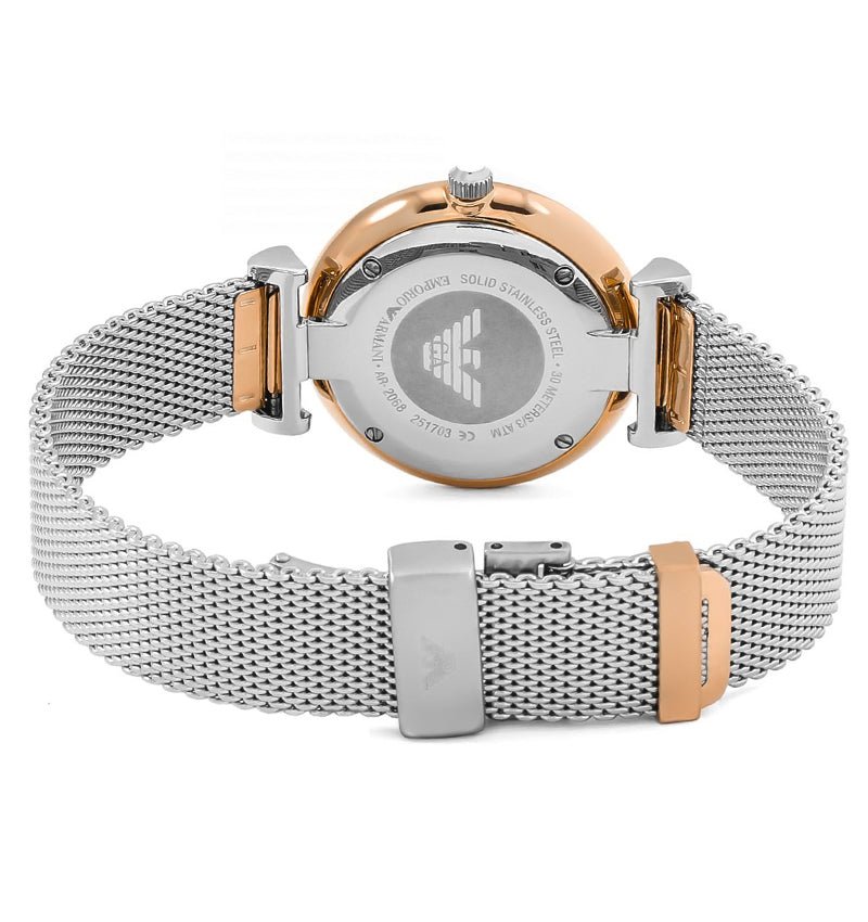 AR2067 caseback detail showing Emporio Armani eagle emblem and metal mesh bracelet