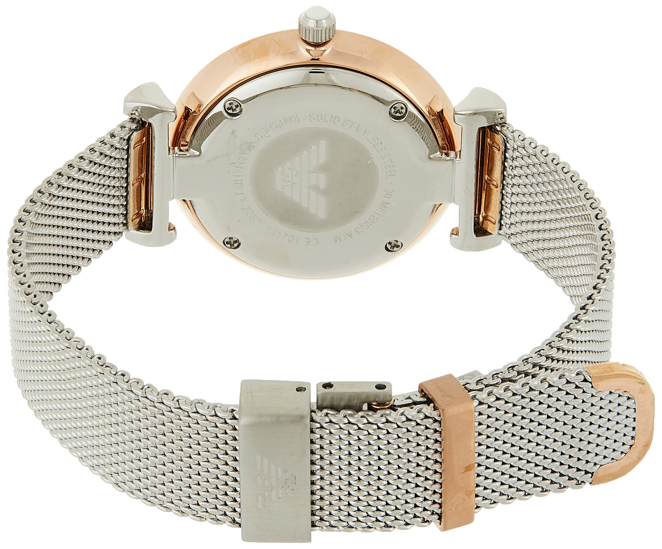 Caseback of Emporio Armani AR2067 with engraved eagle logo and stainless steel mesh band