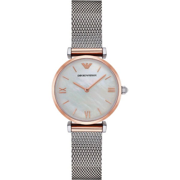 Emporio Armani Gianni T-Bar women's watch with white mother of pearl dial and rose gold case