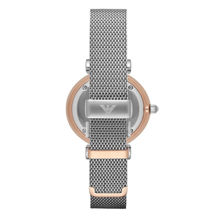 Overhead view of Emporio Armani Gianni T-Bar AR2067 watch with mesh strap and rose gold bezel