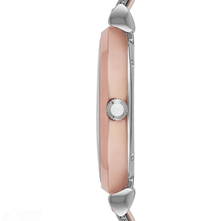 Profile view of AR2067 watch showing rose gold case thickness and steel mesh strap