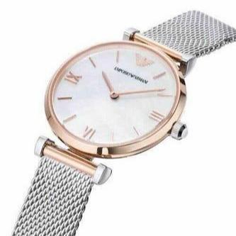 Emporio Armani AR2067 ladies watch on wrist with mesh bracelet and Roman numeral dial