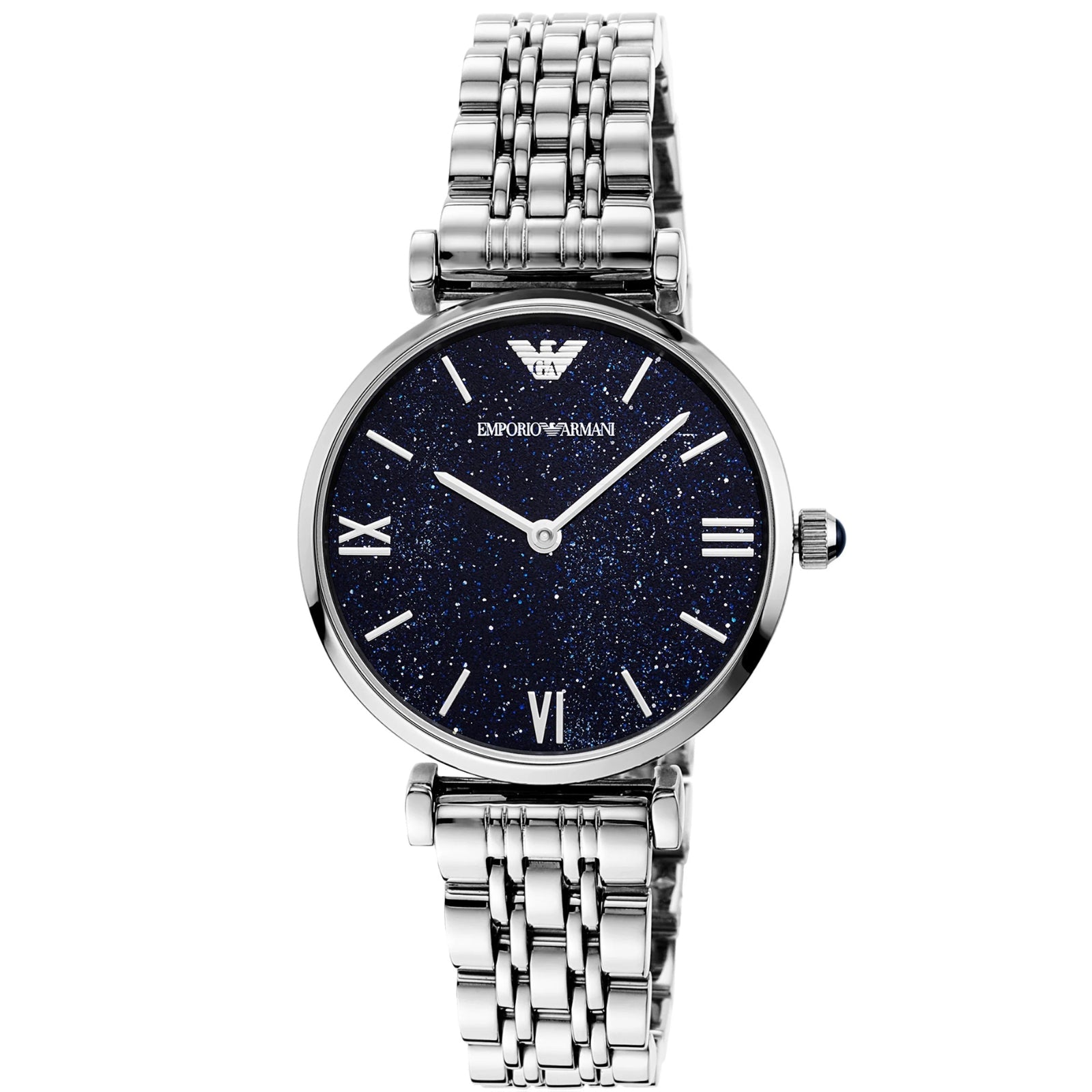 Emporio Armani Gianni T-Bar watch showing full length bracelet and navy star dial from angled view