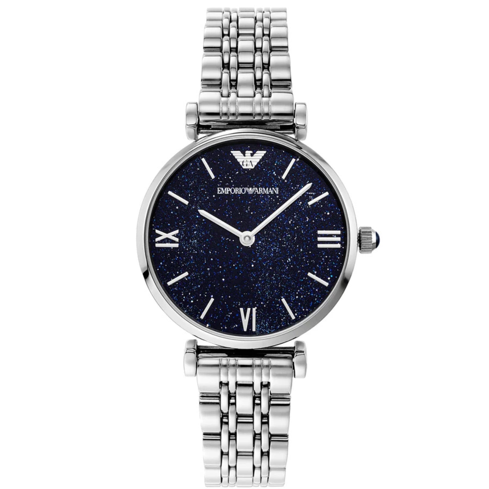 Emporio Armani Gianni T-Bar quartz watch with navy star dial and silver stainless steel bracelet