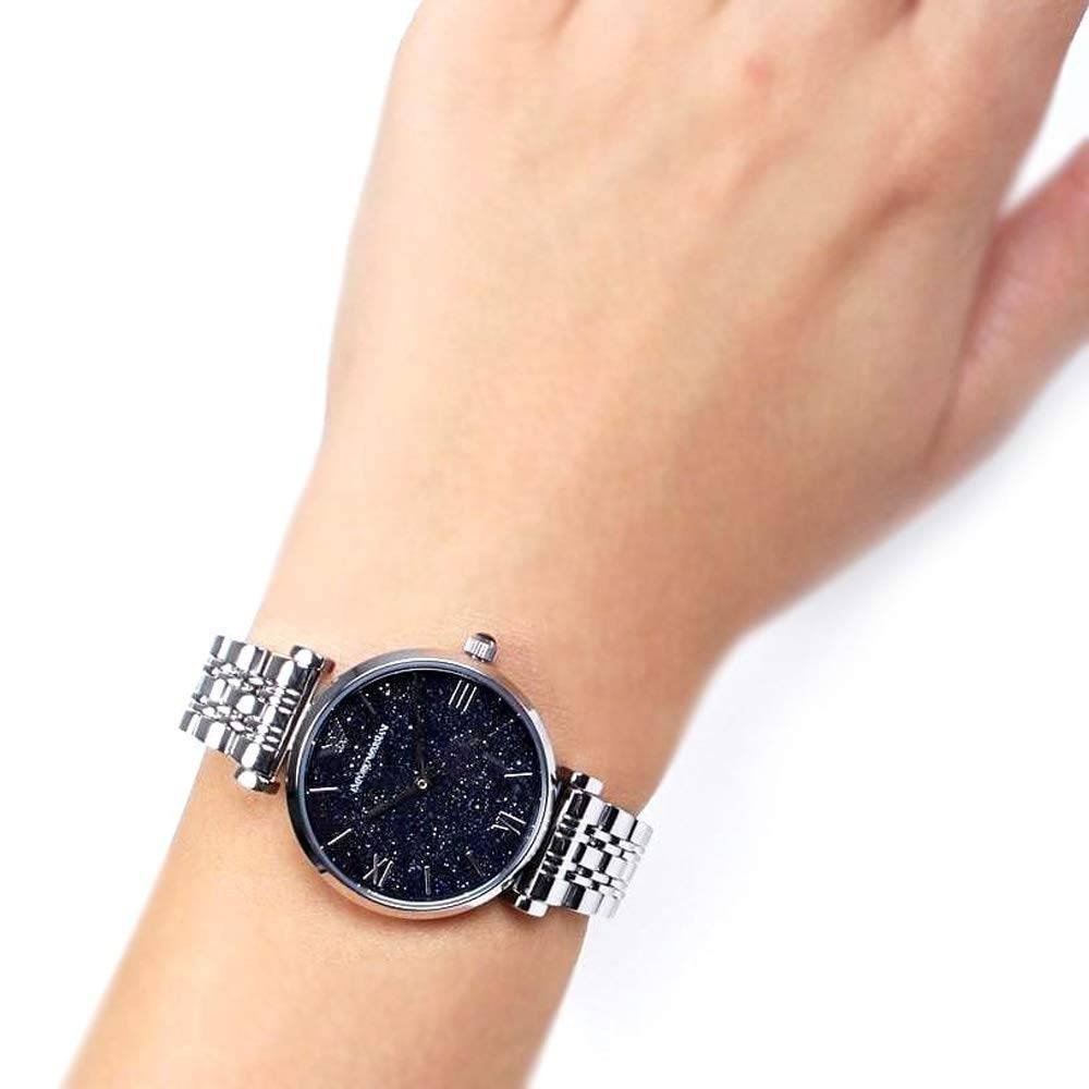 Emporio Armani Gianni T-Bar women's watch worn on wrist showing navy star dial and fit