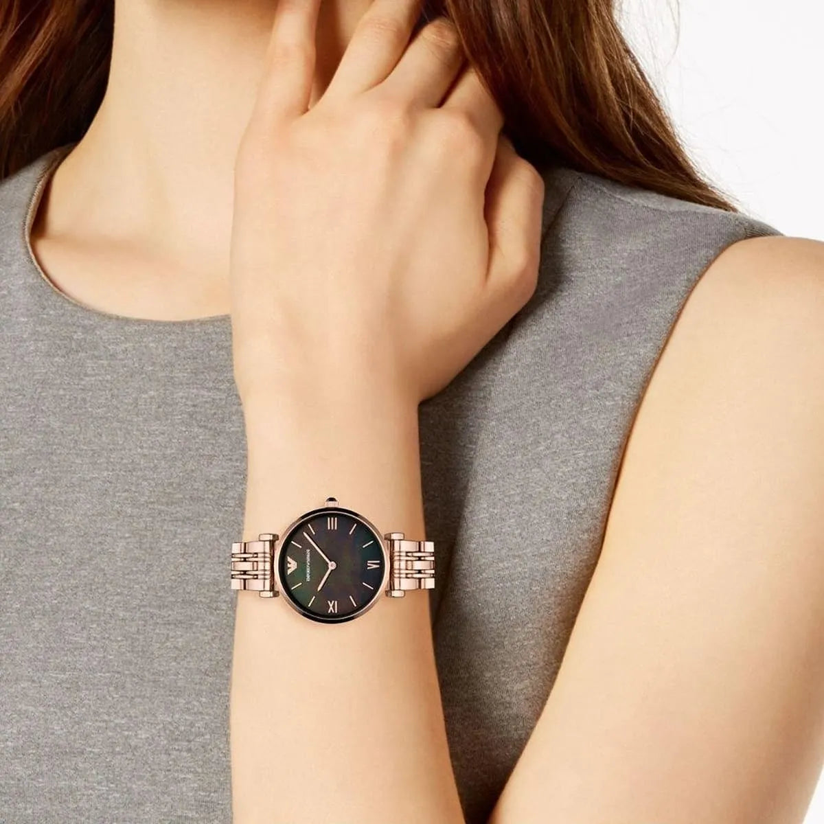 Emporio Armani Gianni T-Bar Quartz Black Mother of Pearl Dial Ladies Watch AR11145