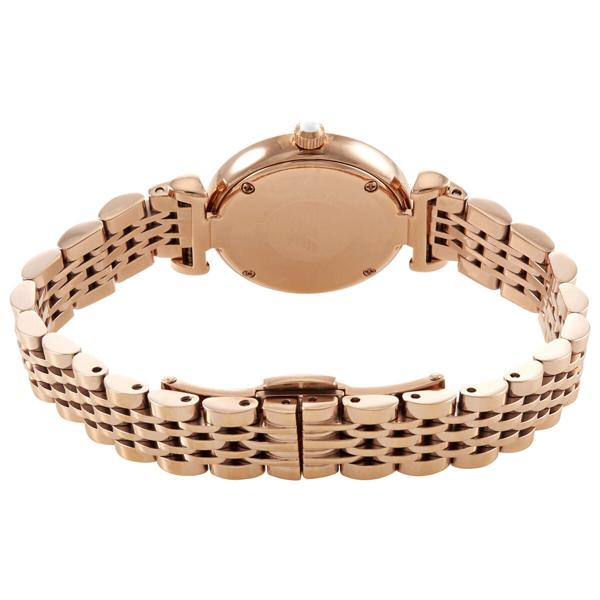 Emporio Armani Gianni T-Bar rose gold watch caseback and bracelet detail