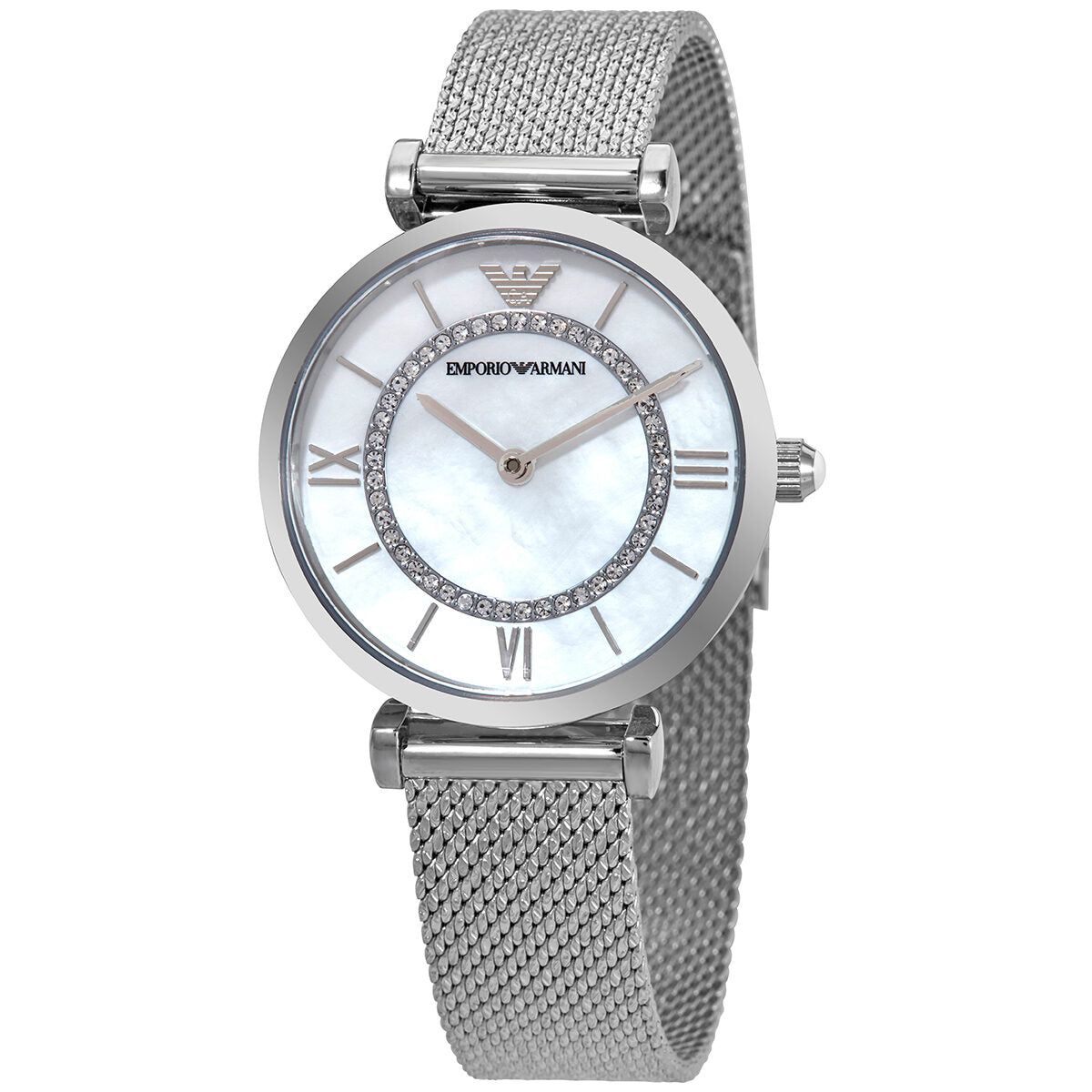 Emporio Armani Gianni T-Bar women's watch with white mother-of-pearl dial and silver mesh bracelet