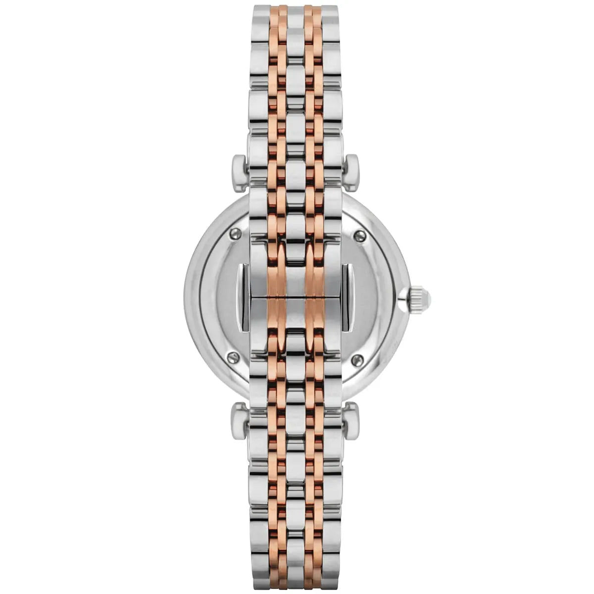 AR1987 Emporio Armani watch case back view showing stainless steel two-tone bracelet