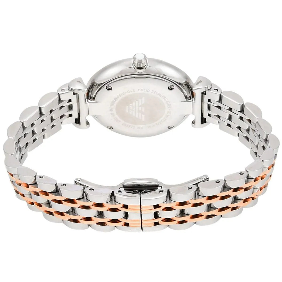 AR1987 Emporio Armani watch case back with rose gold and silver two-tone bracelet detail