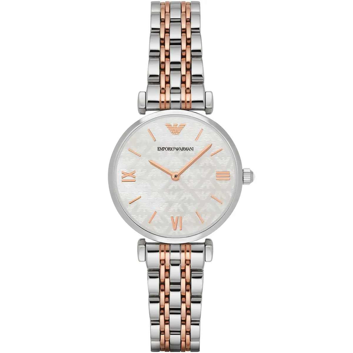 AR1987 Emporio Armani Gianni watch with patterned white dial and two-tone silver rose gold metal strap