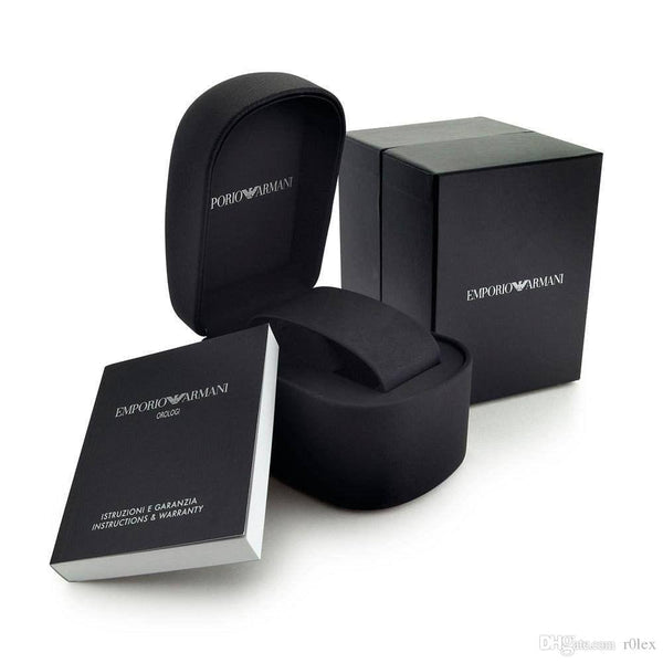 Emporio Armani watch gift set with black case, documentation booklet and curved storage box