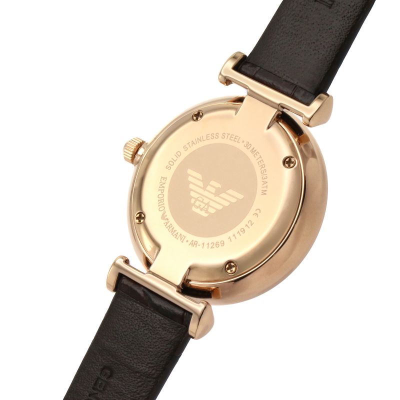 Rose gold case back with engraved Emporio Armani eagle logo and model number AR11269