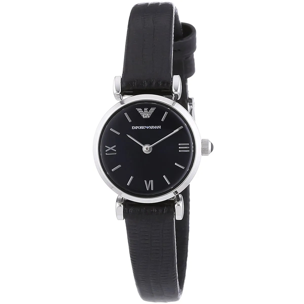 Angled view of Emporio Armani silver women's watch showing black leather strap and dial