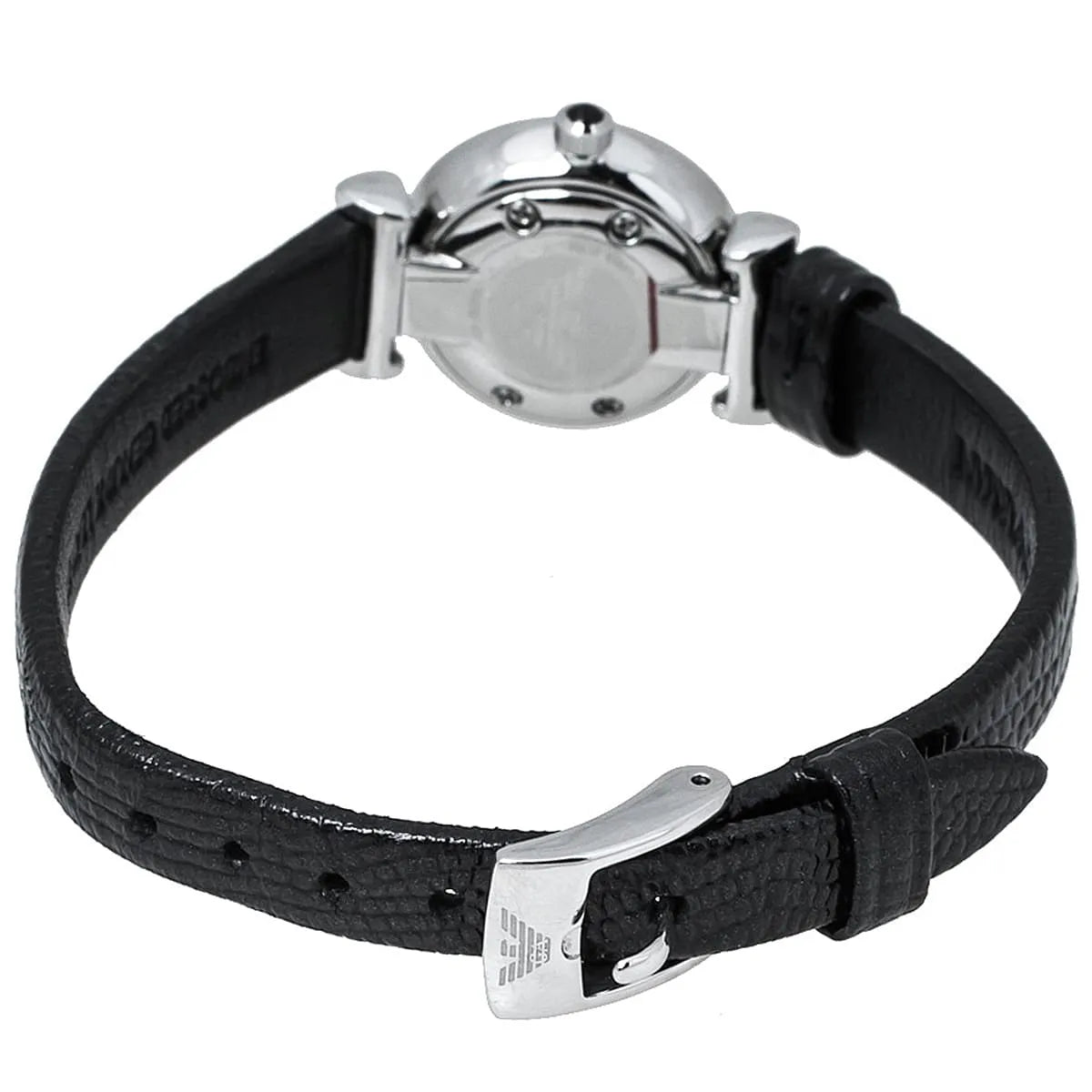 Caseback view of Emporio Armani watch showing silver case and bracelet attachment points
