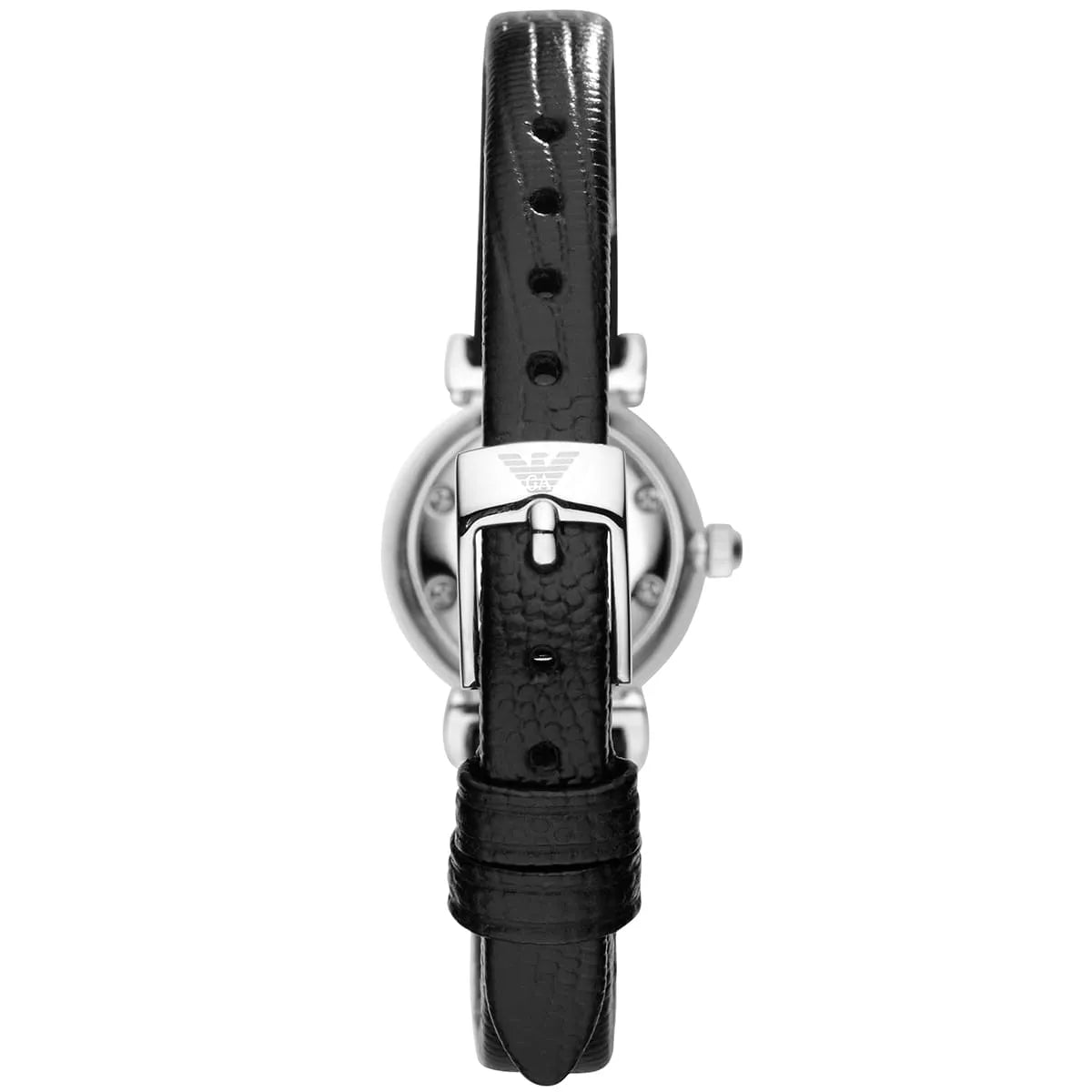 Side view of Emporio Armani women's watch displaying T-bar lugs and black leather strap