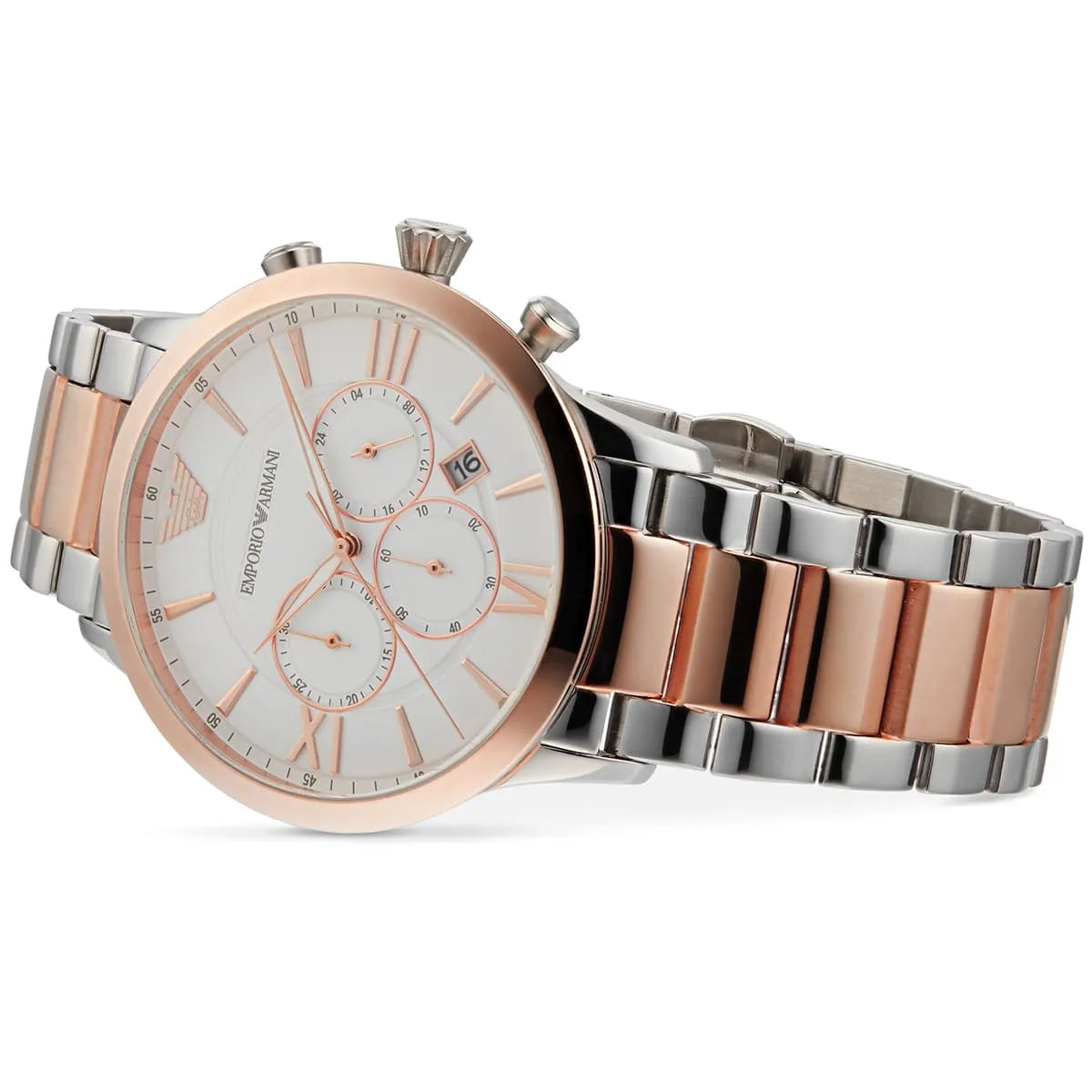 Emporio Armani Giovanni Chronograph White Dial Two Tone Steel Strap Watch AR11209