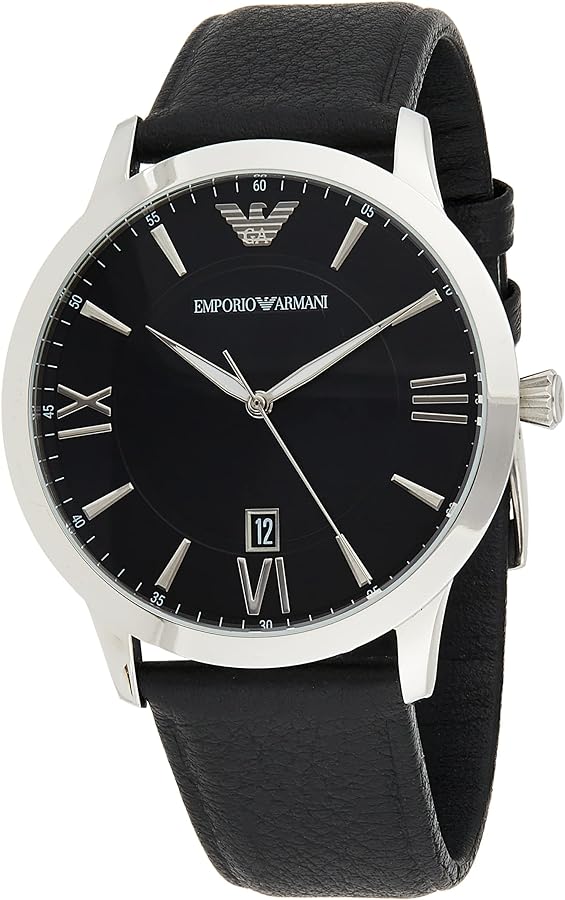 Emporio Armani Giovanni AR11210 three-quarter view showing silver case and black leather strap