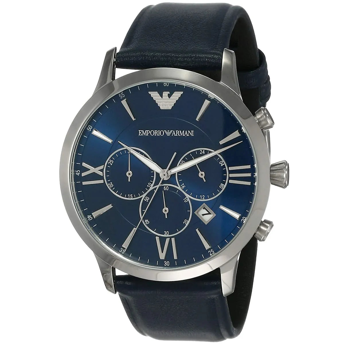 Angled view of Emporio Armani Giovanni with blue dial and three chronograph subdials