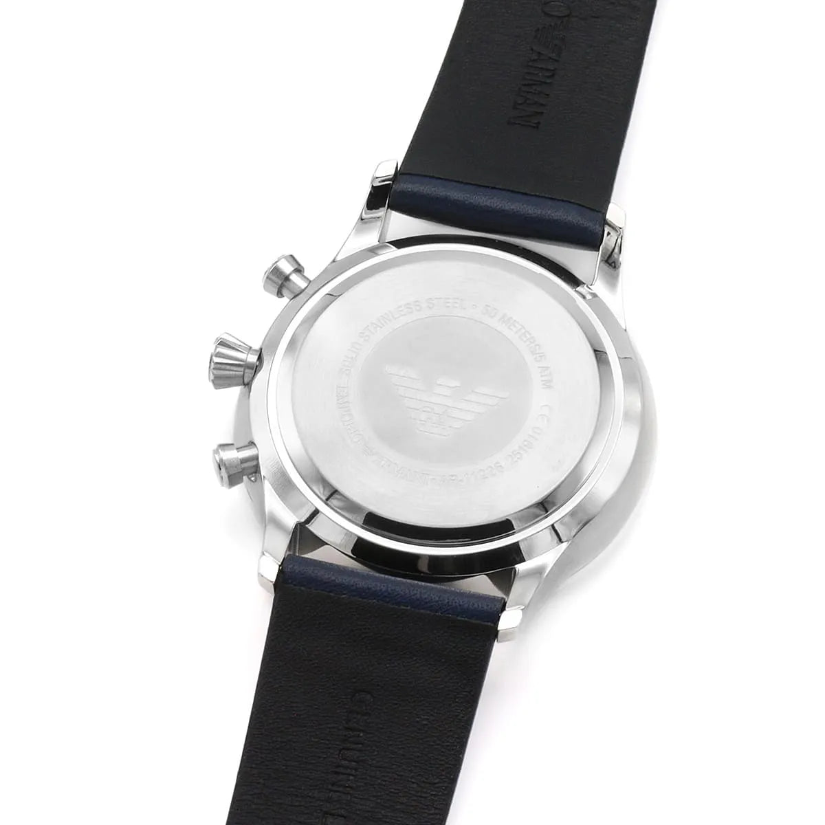 Emporio Armani Giovanni caseback and strap detail showing leather band and watch back