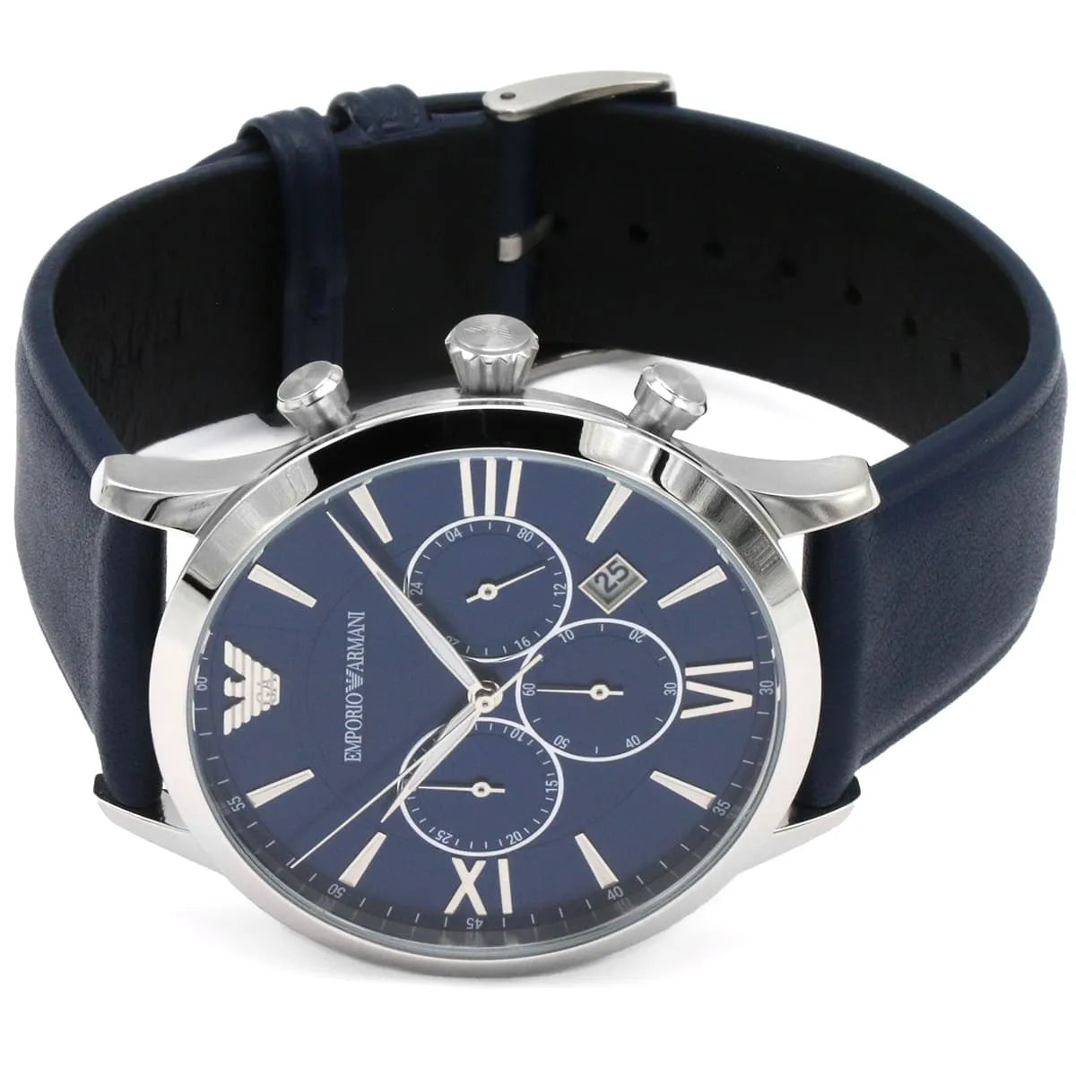 Emporio Armani Giovanni worn on wrist showing blue dial with Roman numerals and chronograph subdials