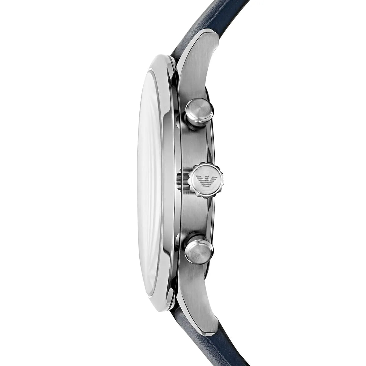 Emporio Armani Giovanni watch side view displaying stainless steel case and chronograph pushers