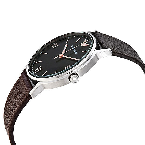 Side angle view of Emporio Armani Kappa AR11153 watch with stainless steel case and brown leather strap