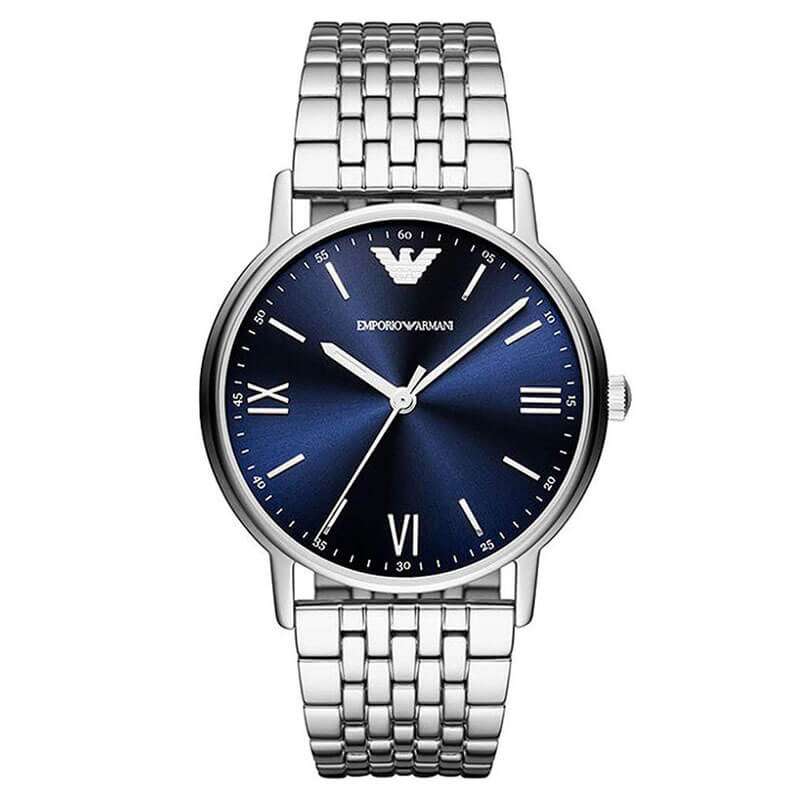 Emporio Armani Kappa AR80010 men's watch with blue sunburst dial, Roman numerals, stainless steel bracelet