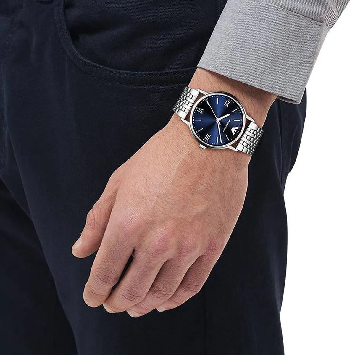 Emporio Armani Kappa AR80010 men's watch on wrist with blue dial and stainless steel strap