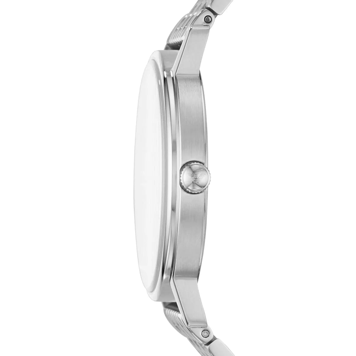 Side profile of Emporio Armani Kappa AR80010 watch showing polished stainless steel case and bracelet