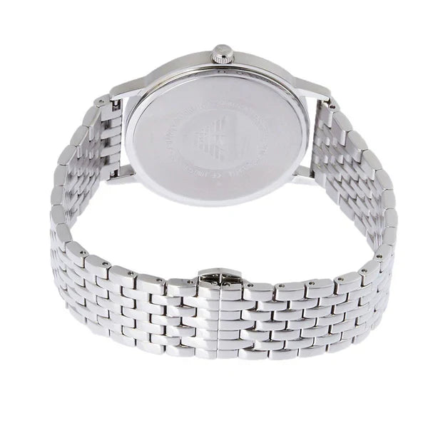 Silver stainless steel caseback of Emporio Armani Kappa watch with engravings