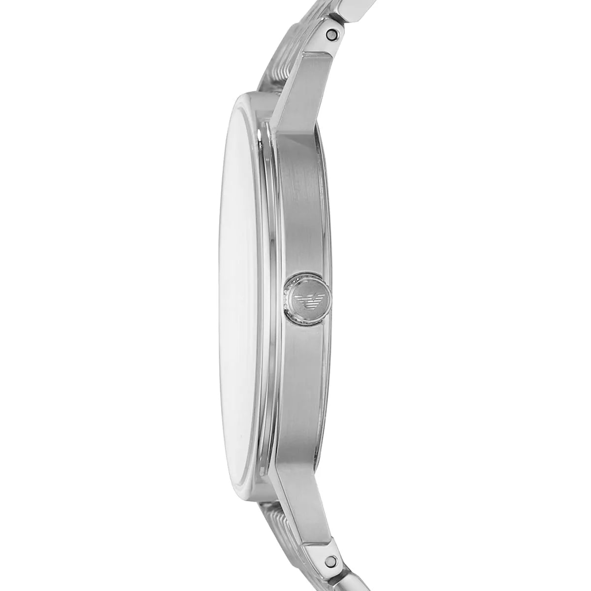 Side profile of Emporio Armani Kappa watch showing silver steel case and strap