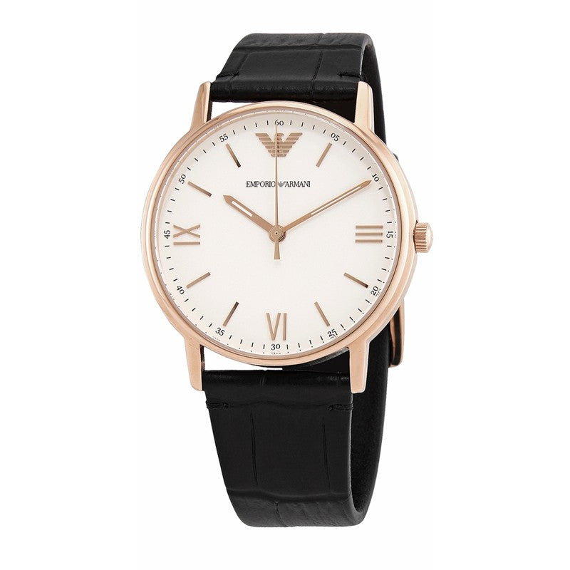Three-quarter view of Emporio Armani Kappa watch with white dial and black crocodile embossed leather strap