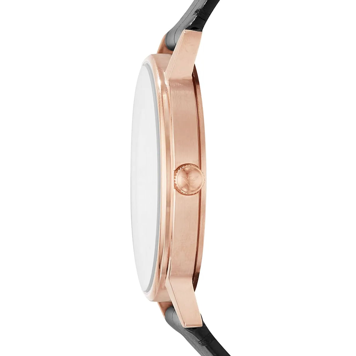 Side profile of Emporio Armani Kappa AR80015 showing rose gold case thickness and black leather strap