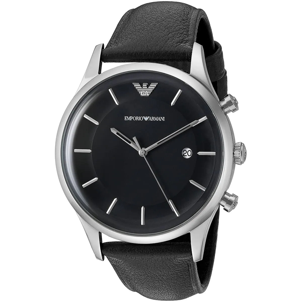 Emporio Armani Lambda AR11020 watch at three-quarter angle showing black dial and leather strap
