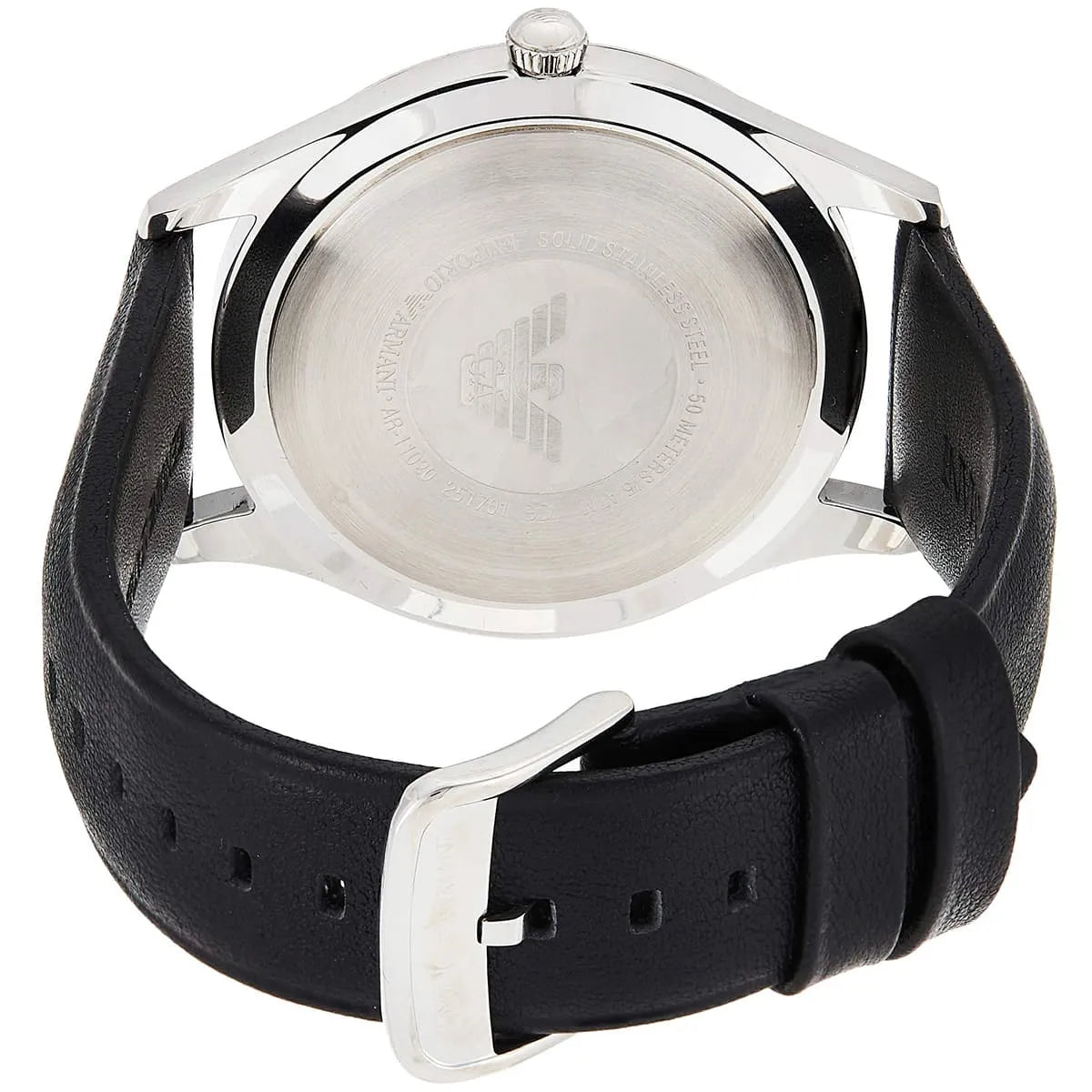 Emporio Armani Lambda AR11020 caseback detail with Emporio Armani eagle logo and specifications