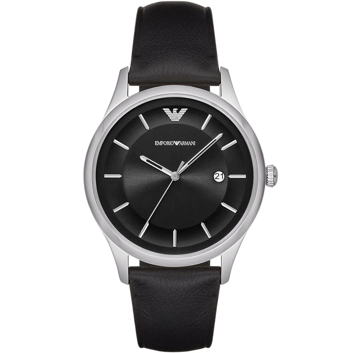 Emporio Armani Lambda AR11020 men's watch with silver case, black dial, and black leather strap