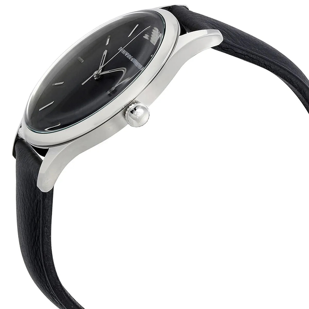 Emporio Armani Lambda AR11020 watch side view showing slim profile and leather strap