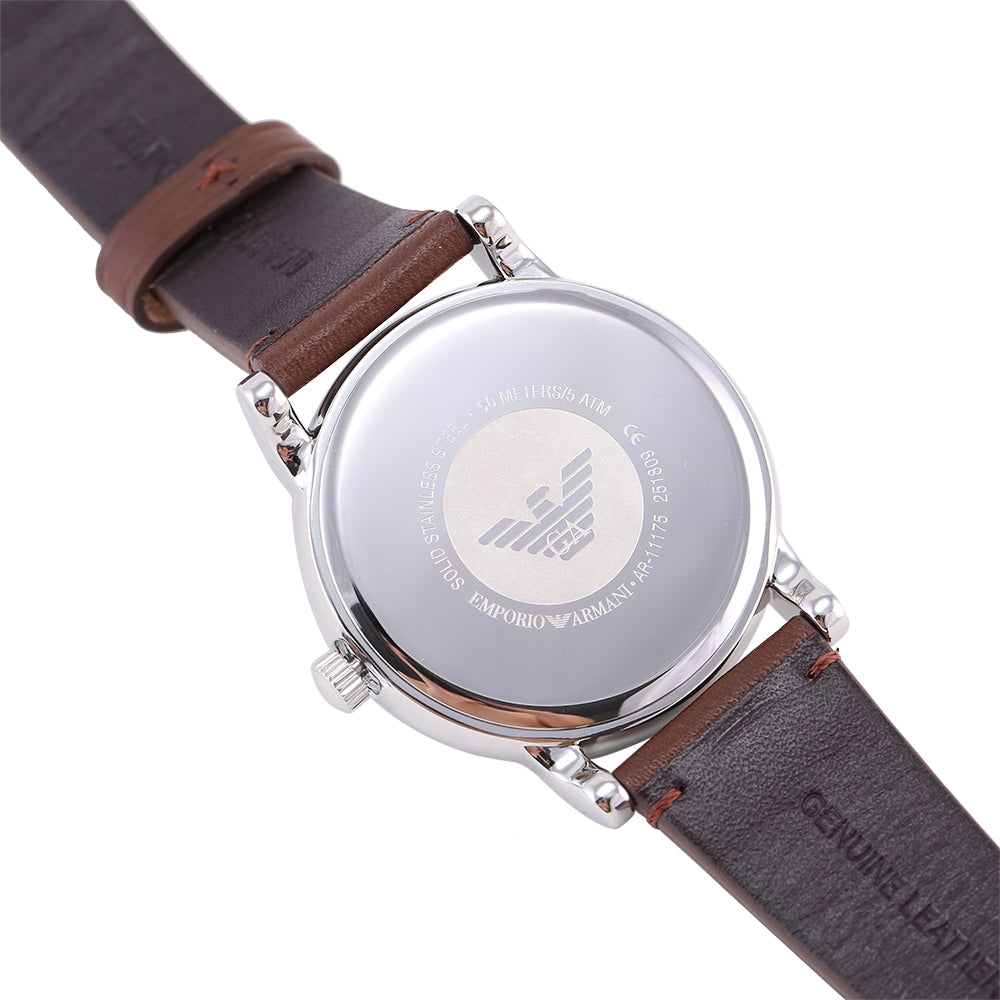 Emporio Armani Luigi watch caseback with engraved Armani eagle logo and text