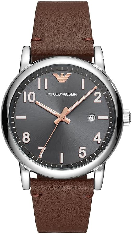 Emporio Armani Luigi men's watch with gray dial, rose gold hands, and brown leather strap