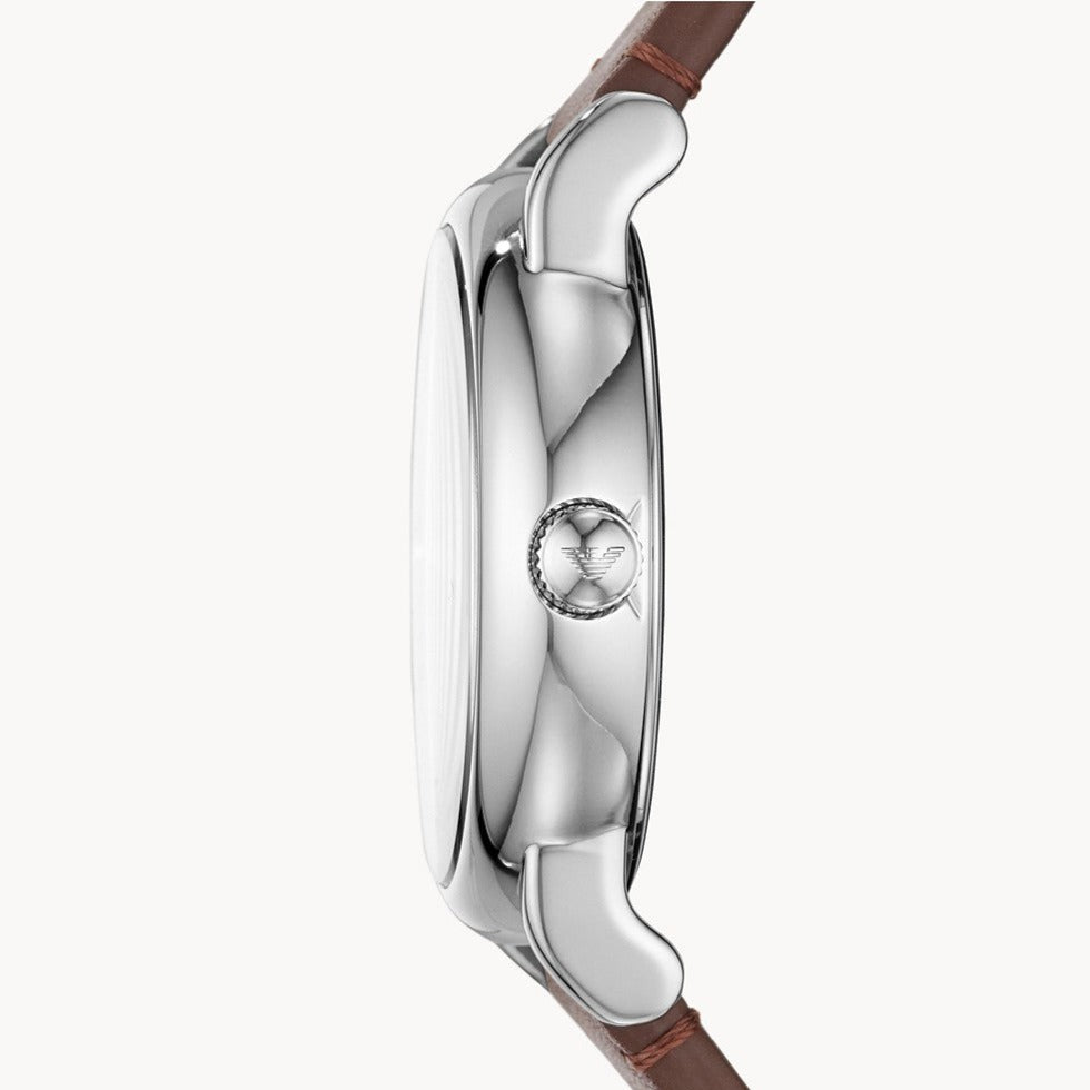 Side profile of Emporio Armani Luigi watch showing case thickness and brown leather strap