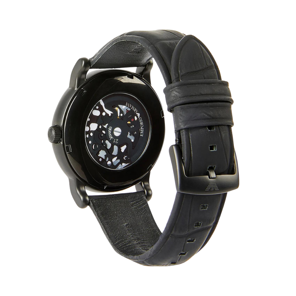 Emporio Armani Luigi AR60008 watch caseback showing transparent skeleton dial with visible automatic movement