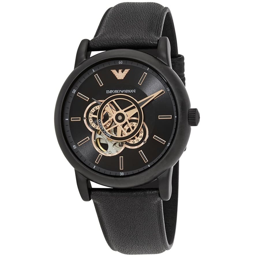 Emporio Armani Luigi automatic skeleton watch showing visible movement and rose gold accents
