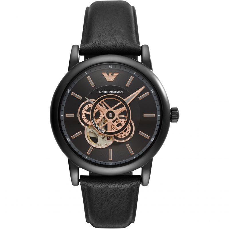 Emporio Armani Luigi skeleton watch with black dial and black leather strap