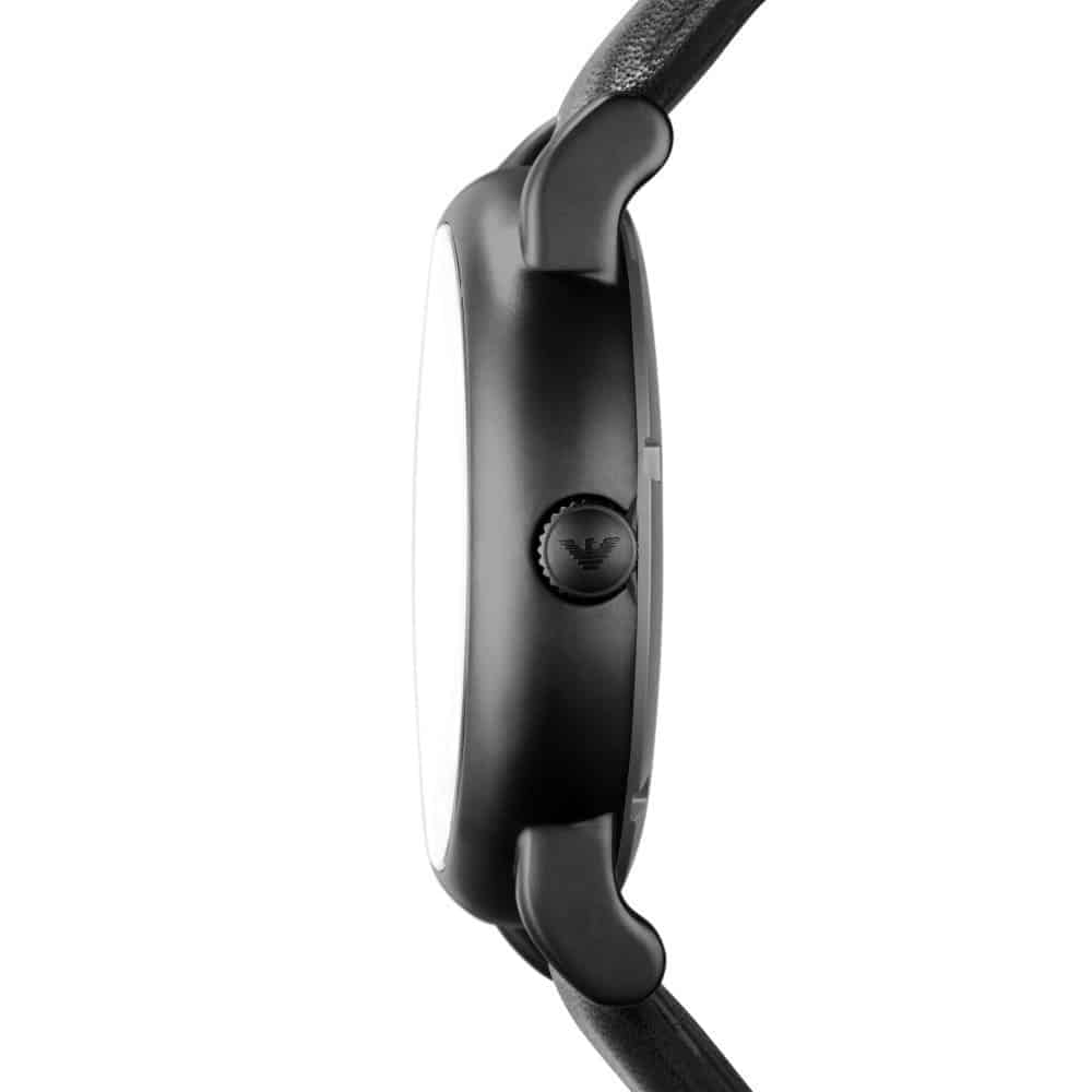 Emporio Armani Luigi watch case profile showing black stainless steel construction
