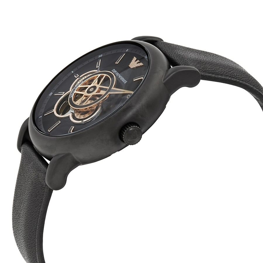 Side profile of Emporio Armani Luigi watch with black case and leather strap