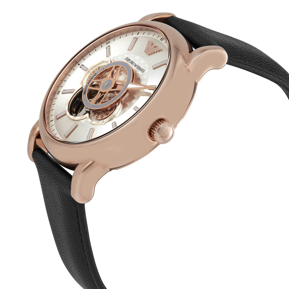 Side angle view of Emporio Armani Luigi watch showing rose gold case and black leather strap